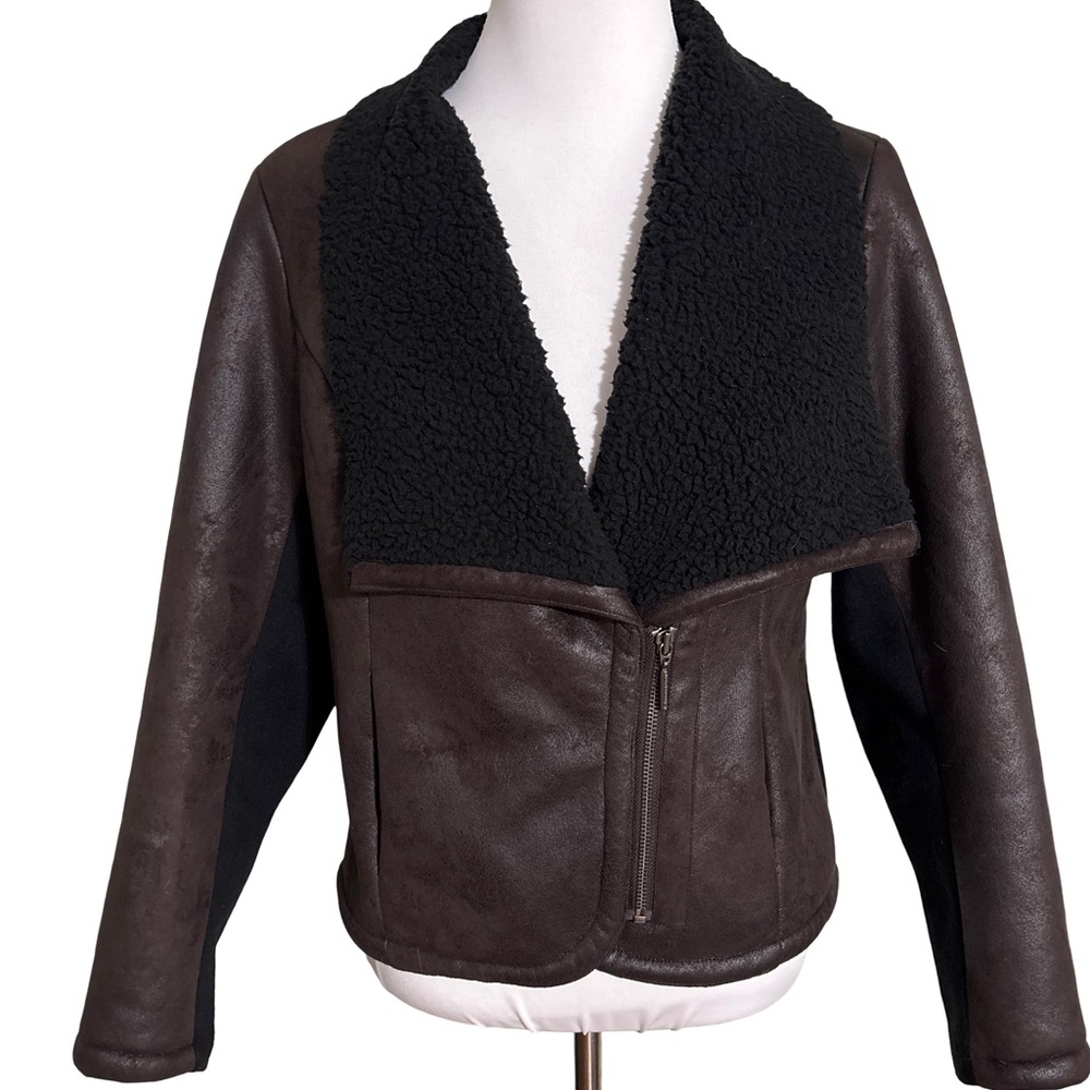 H by Halston Faux Shearling Motorcycle Jacket Chocolate Brown